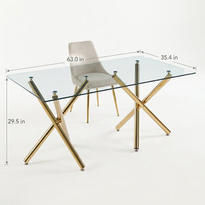 #Gold Crystal 63 Inch Tempered Glass Dining Table with V Leg Metal Base, Seats 6 View 6
