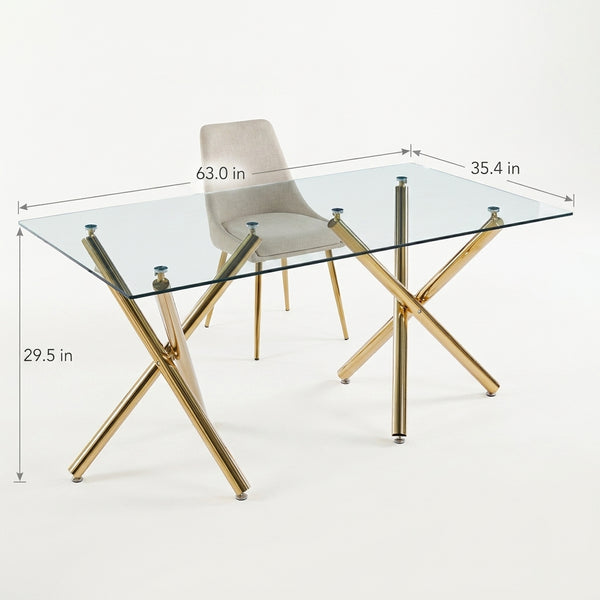 #Gold Crystal 63 Inch Tempered Glass Dining Table with V Leg Metal Base, Seats 6 View 6