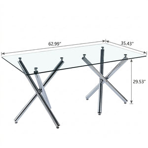 #Silver Crystal 63 Inch Tempered Glass Dining Table with V Leg Metal Base, Seats 6 Dimensions Diagram