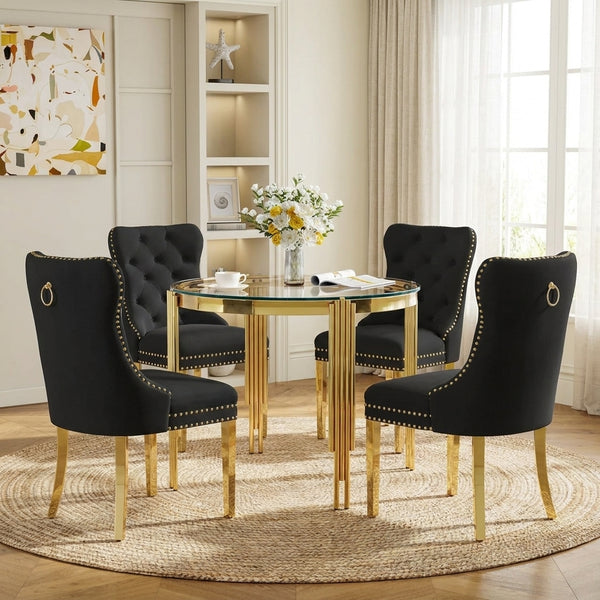 37 Inch Clear Glass Dining Set with 2 or 4 Black Velvet Chairs Gold Base - Zemorn