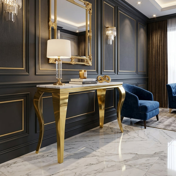 #White/Gold 47 Inch White MDF Console Table with Metal Base View 6