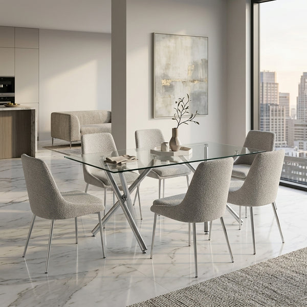 #Silver Crystal 63 Inch Tempered Glass Dining Table with V Leg Metal Base, Seats 6 View 10