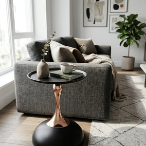15 Inch Round Black End Table with Metal Base Close Up Detail