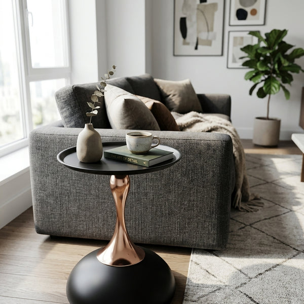 15 Inch Round Black End Table with Metal Base Close Up Detail