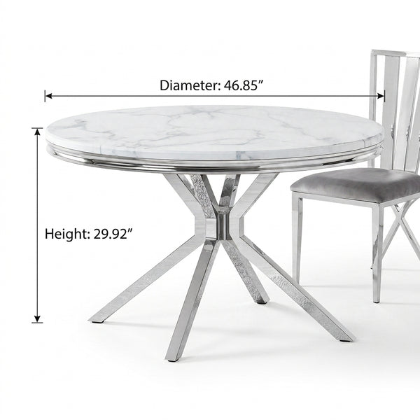 #White/Silver LuxeWood 47 Inch Round MDF Dining Table with Metal Base, Seats 4 View 5