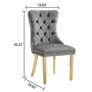 DT666G 5-Piece 36" Glass Dining Set + 4 Grey Velvet Chairs (Gold) ZEMORN