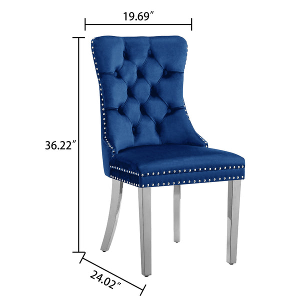 DT034S 7-Piece Sintered Stone Dining Set + 6 Blue Velvet Chairs (Silver)