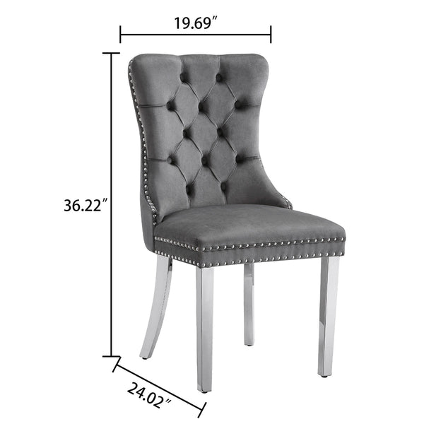 DT666S 5-Piece 36" Glass Dining Set + 4 Grey Velvet Chairs (Silver) Zemorn