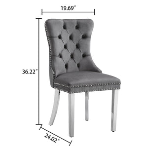 DT668S 5-Piece 42" Glass Dining Set + 4 Grey Velvet Chairs (Silver) ZEMORN