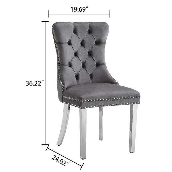DT668S 5-Piece 42" Glass Dining Set + 4 Grey Velvet Chairs (Silver) ZEMORN