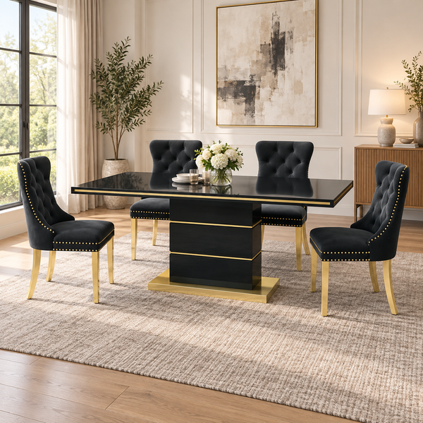 63 Inch 5 Piece Black MDF Dining Set Button Tufted Black Velvet Chairs - Zemorn