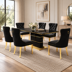 63 Inch 7 Piece Black MDF Dining Set Button Tufted Black Velvet Chairs - Zemorn