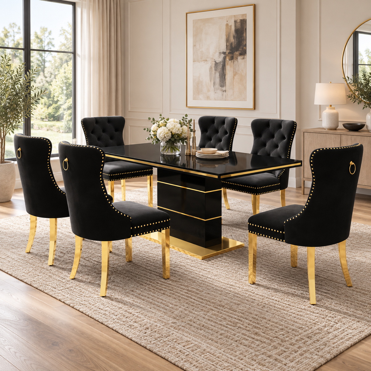 63 Inch 7 Piece Black MDF Dining Set Button Tufted Black Velvet Chairs - Zemorn