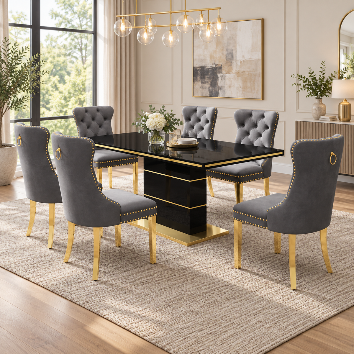 63 Inch 7 Piece Black MDF Dining Set Button Tufted Gray Velvet Chairs - Zemorn
