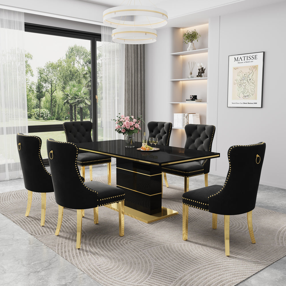 DT0215GB 7-Piece MDF Dining Set + 6 Black Velvet Chairs (Gold)