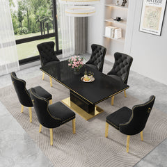 DT0215GB 7-Piece MDF Dining Set + 6 Black Velvet Chairs (Gold)