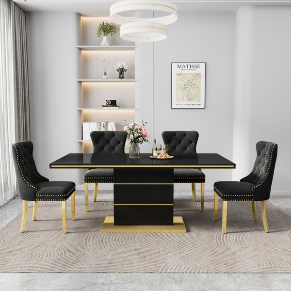 DT0215GB 7-Piece MDF Dining Set + 6 Black Velvet Chairs (Gold)