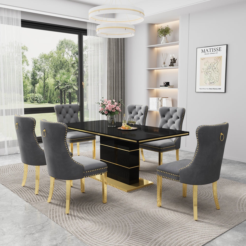DT0215GB 7-Piece MDF Dining Set + 6 Grey Velvet Chairs (Gold)
