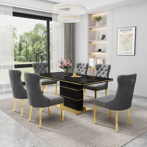 DT0215GB 7-Piece MDF Dining Set + 6 Grey Velvet Chairs (Gold)