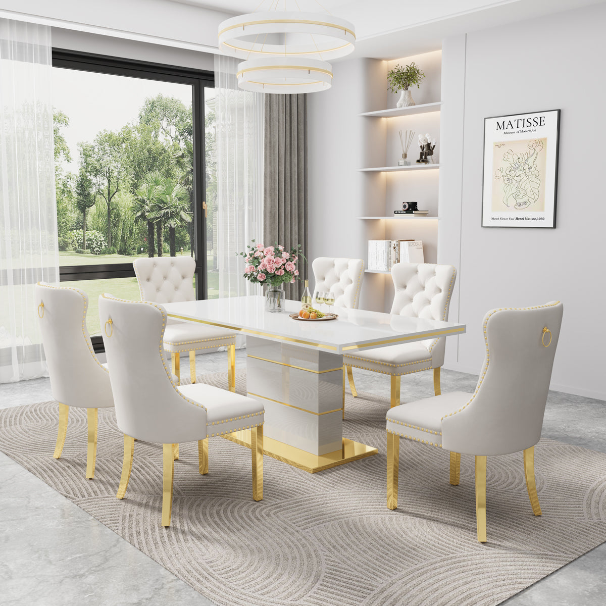 DT0215GW 7-Piece MDF Dining Set + 6 White Velvet Chairs (Gold)