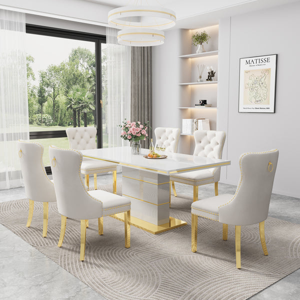 DT0215GW 7-Piece MDF Dining Set + 6 White Velvet Chairs (Gold)