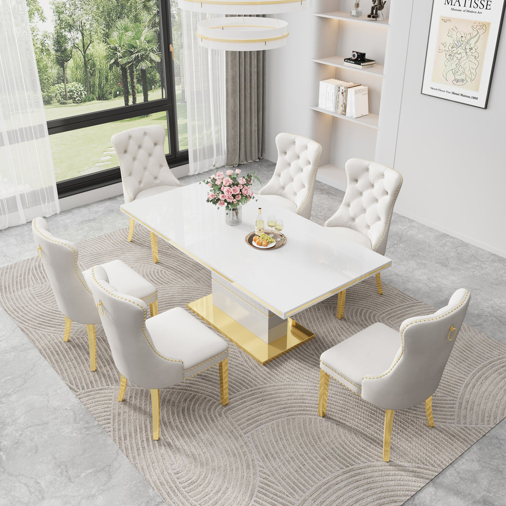 DT0215GW 7-Piece MDF Dining Set + 6 White Velvet Chairs (Gold)