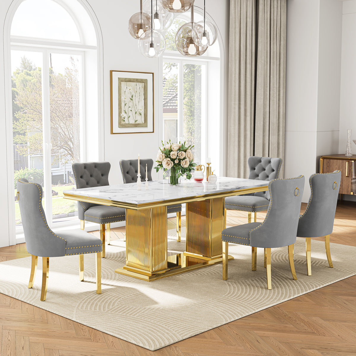 DT0216GMW 7-Piece Dining Table Set (1 Dining Table + 6 Dining Chairs)