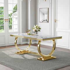 #WHITE/GOLD LuxeWood 70 Inch MDF Dining Table with Double Ring Base, Seats 6 8 - Zemorn