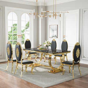 Sleek Black & Gold 7-Piece Dining Set | Easy-Clean PU Chairs + Gold Metal Frame Zemorn