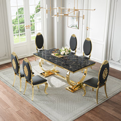Sleek Black & Gold 7-Piece Dining Set | Easy-Clean PU Chairs + Gold Metal Frame Zemorn