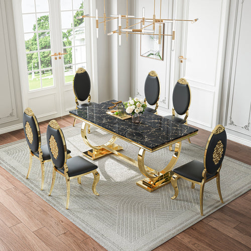 Sleek Black & Gold 7-Piece Dining Set | Easy-Clean PU Chairs + Gold Metal Frame Zemorn