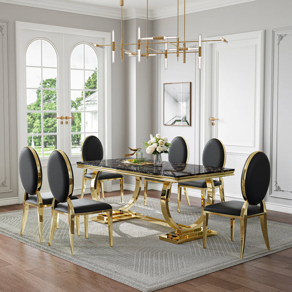 Modern Black & Gold 7-Piece Dining Set | Premium Leatherette Chairs + Metal Frame Zemorn