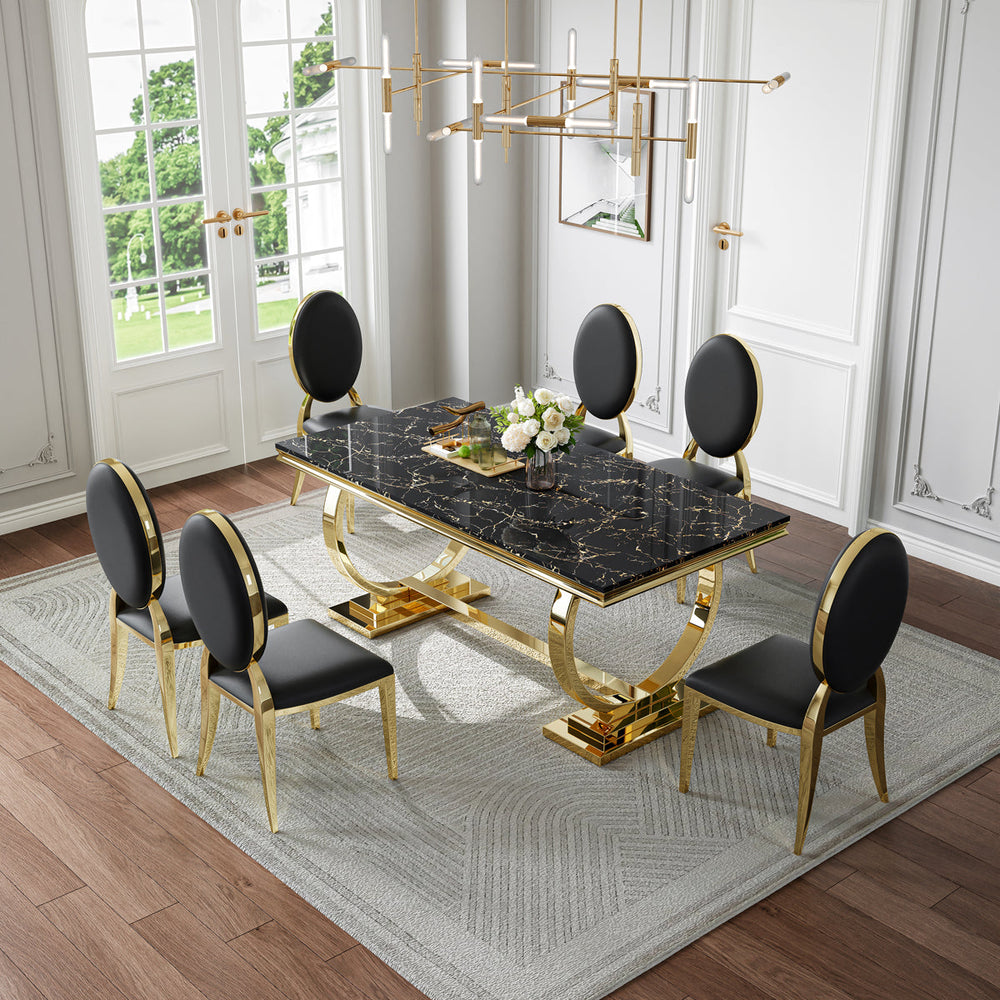 Modern Black & Gold 7-Piece Dining Set | Premium Leatherette Chairs + Metal Frame Zemorn