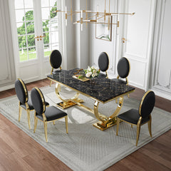 Modern Black & Gold 7-Piece Dining Set | Premium Leatherette Chairs + Metal Frame Zemorn