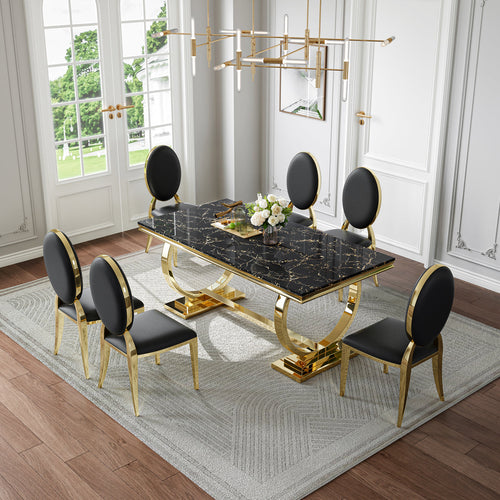 Modern Black & Gold 7-Piece Dining Set | Premium Leatherette Chairs + Metal Frame Zemorn