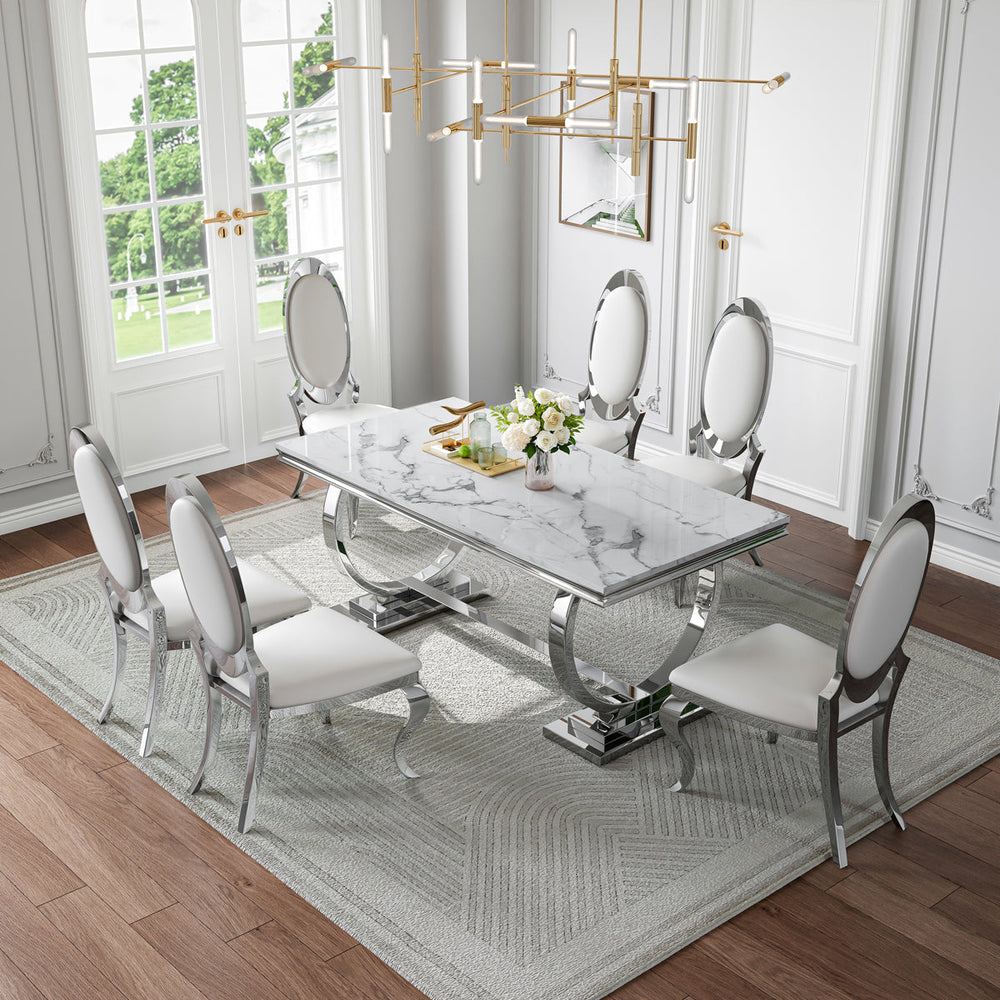 Modern White & Silver 7-Piece Dining Set | Easy-Clean PU Chairs + Silver Metal Frame ZEMORN