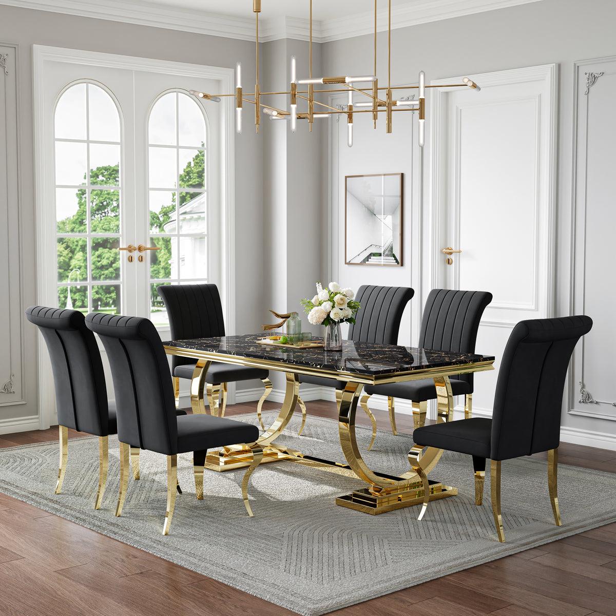 Modern Black & Gold 7-Piece Dining Set | Comfortable Fabric Chairs + Metal Frame Zemorn