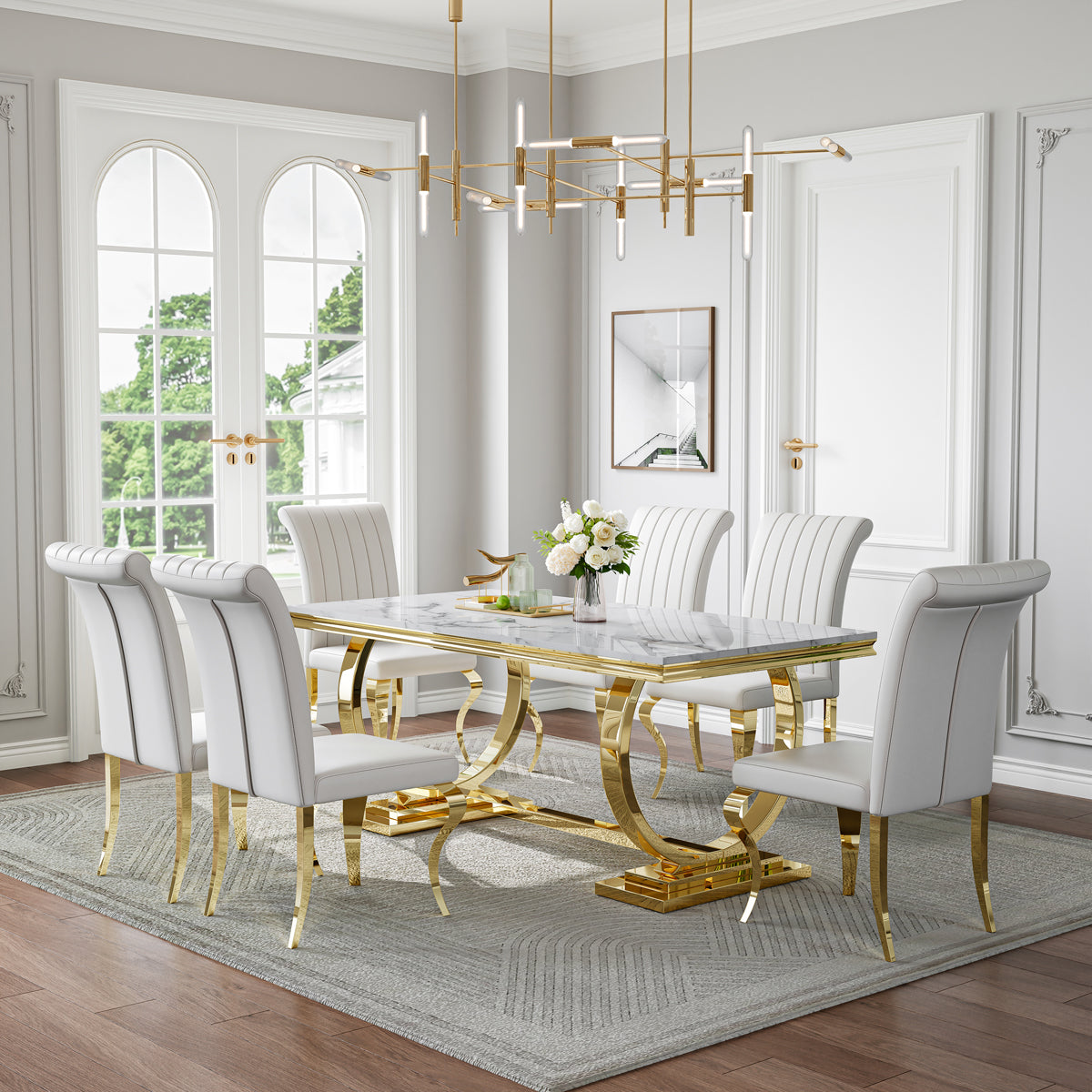 Elegant White & Gold 7-Piece Dining Set | Comfortable PU Chairs + Gold Metal Frame Zemorn