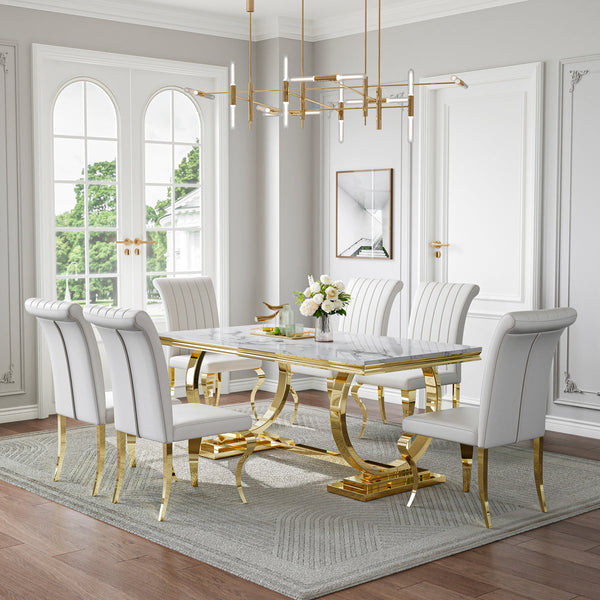 Elegant White & Gold 7-Piece Dining Set | Comfortable PU Chairs + Gold Metal Frame Zemorn