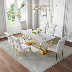 Elegant White & Gold 7-Piece Dining Set | Comfortable PU Chairs + Gold Metal Frame Zemorn