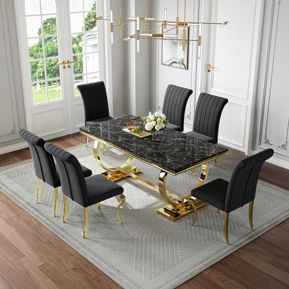 Modern Black & Gold 7-Piece Dining Set | Comfortable Fabric Chairs + Metal Frame Zemorn