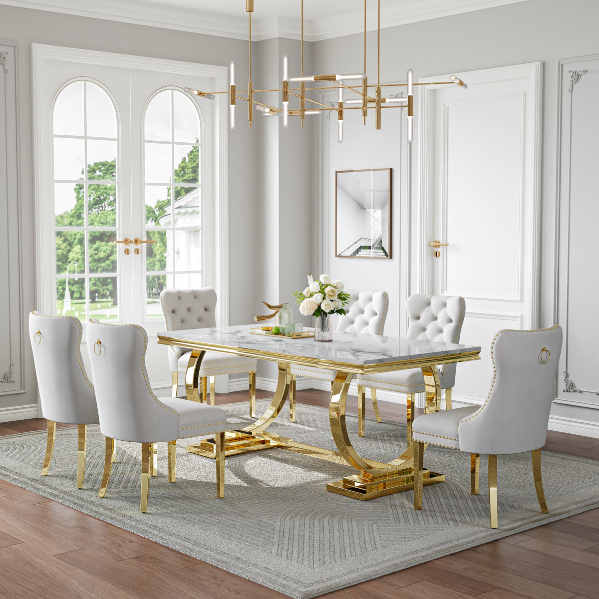 Luxury White & Gold 7-Piece Dining Set | Plush Velvet Chairs + Gold Metal Frame Zemorn