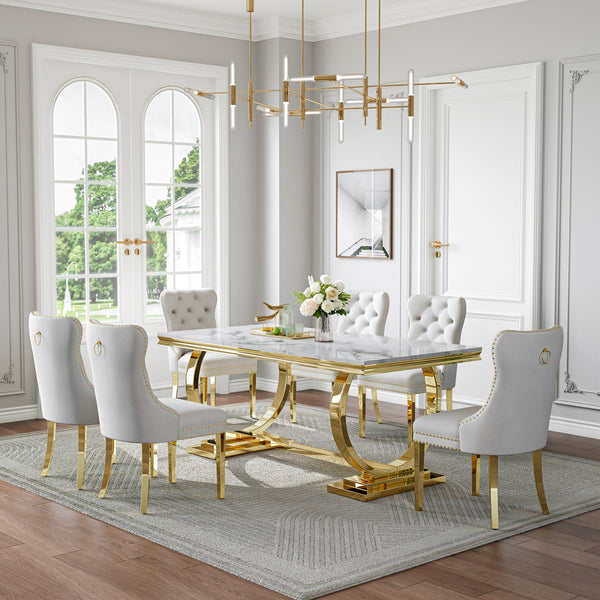 Luxury White & Gold 7-Piece Dining Set | Plush Velvet Chairs + Gold Metal Frame Zemorn