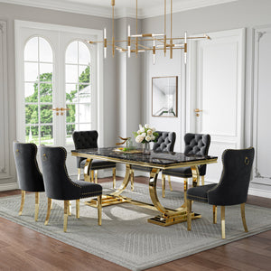 Luxury Black & Gold 7-Piece Dining Set | Plush Velvet Chairs + Gold Metal Frame Zemorn