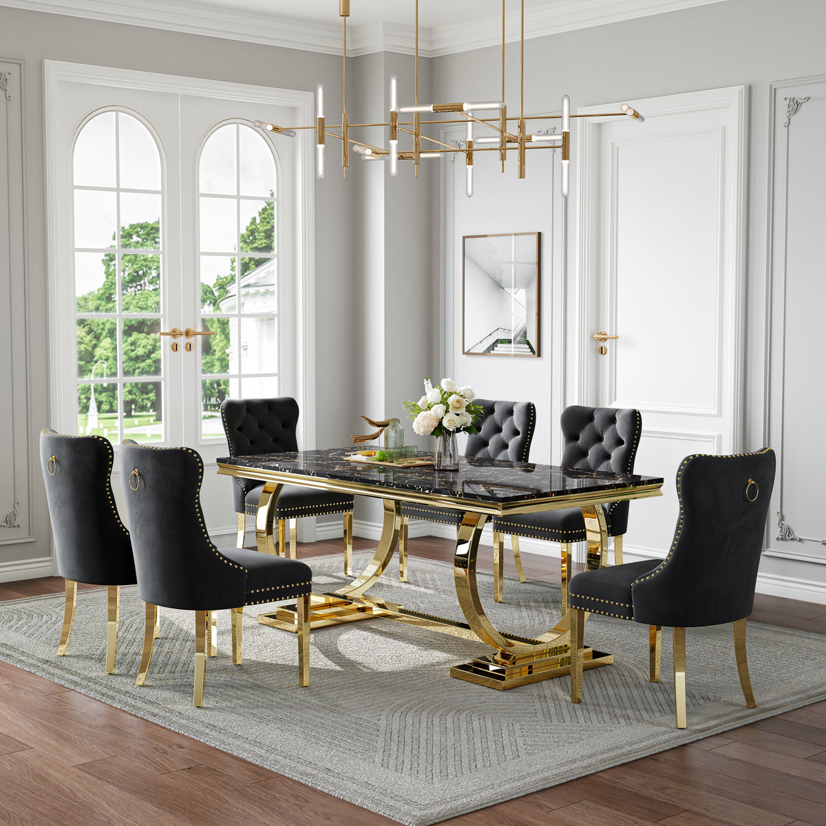 Luxury Black & Gold 7-Piece Dining Set | Plush Velvet Chairs + Gold Metal Frame Zemorn