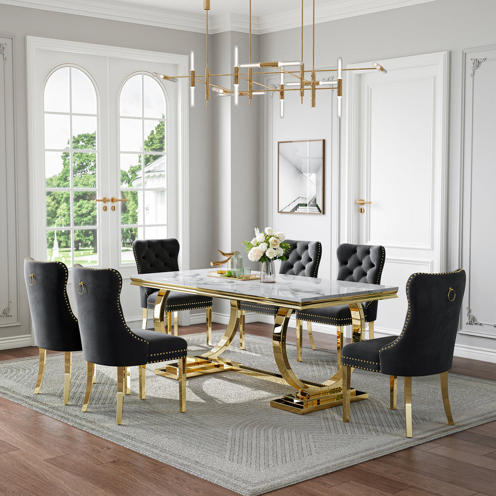 Chic White & Gold 7-Piece Dining Set | Black Velvet Chairs + Gold Metal Frame Zemorn