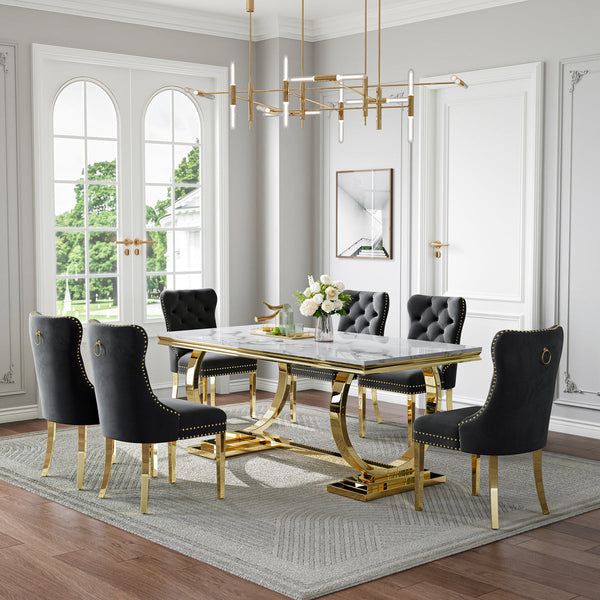 Chic White & Gold 7-Piece Dining Set | Black Velvet Chairs + Gold Metal Frame Zemorn