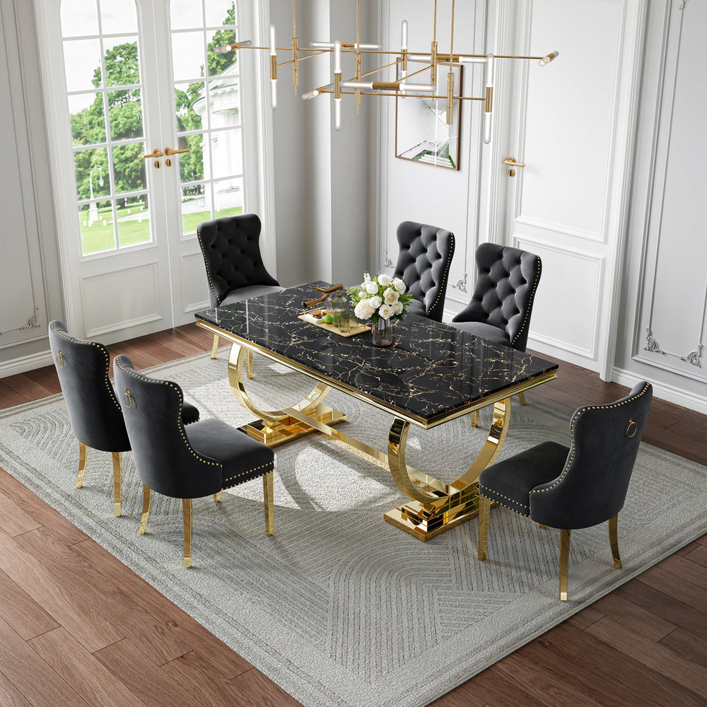 Luxury Black & Gold 7-Piece Dining Set | Plush Velvet Chairs + Gold Metal Frame Zemorn