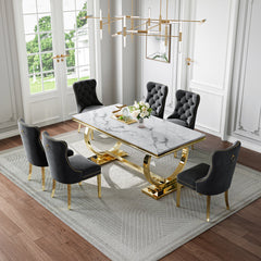 Chic White & Gold 7-Piece Dining Set | Black Velvet Chairs + Gold Metal Frame Zemorn