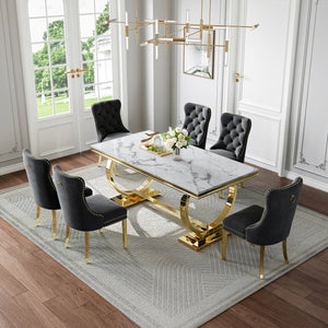 Chic White & Gold 7-Piece Dining Set | Black Velvet Chairs + Gold Metal Frame Zemorn